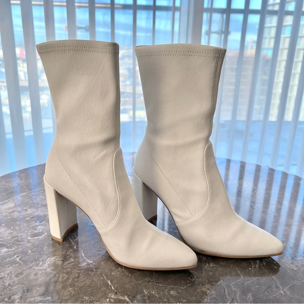 Stuart Weitzman White Clinger Stretch Sock Leather Heeled Booties